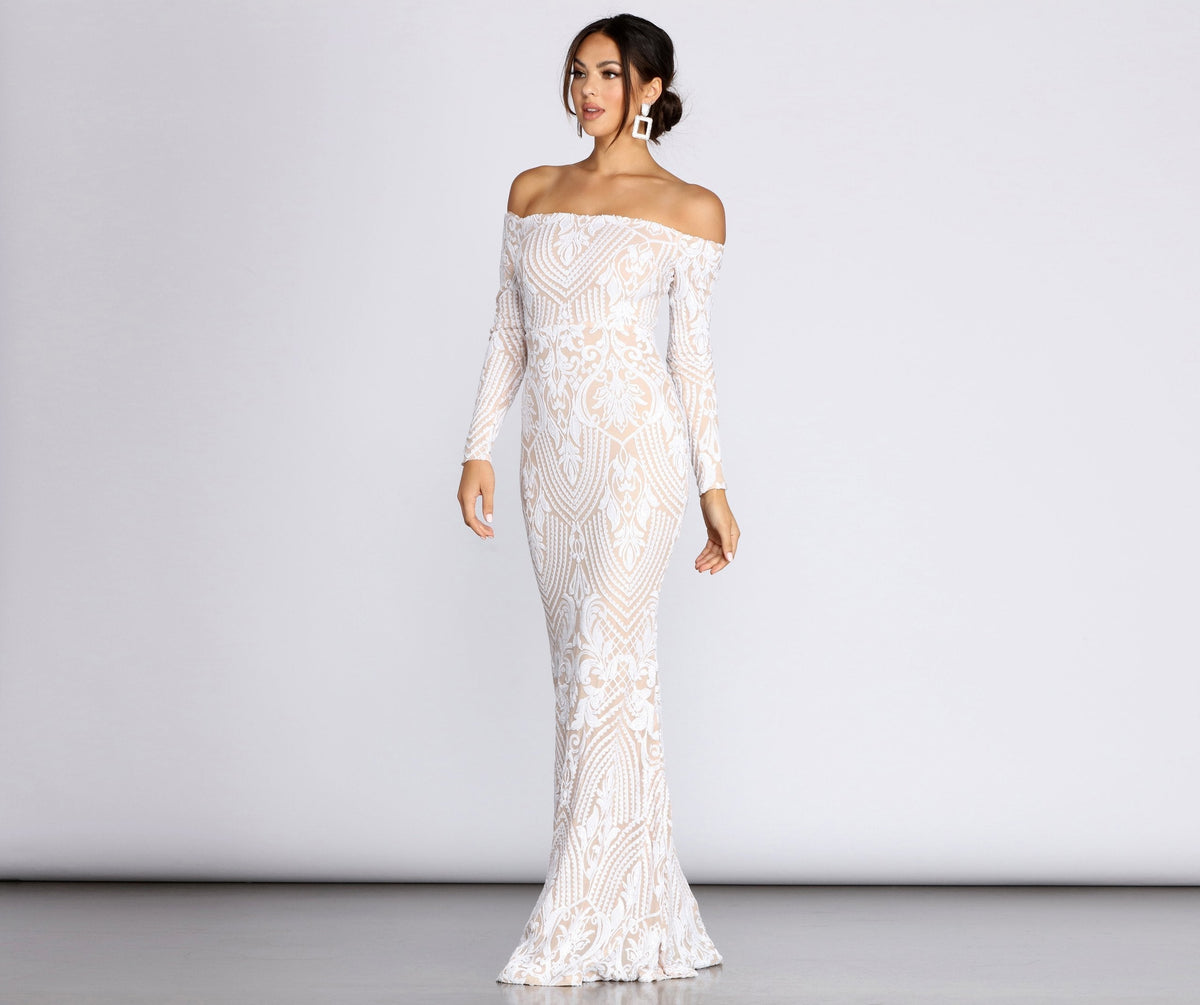 Sequin Off Shoulder Long Sleeve Mermaid Maxi Gown in White - View 2