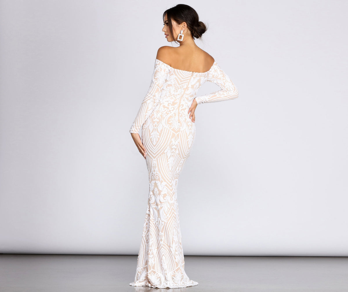 Sequin Off Shoulder Long Sleeve Mermaid Maxi Gown in White - View 4