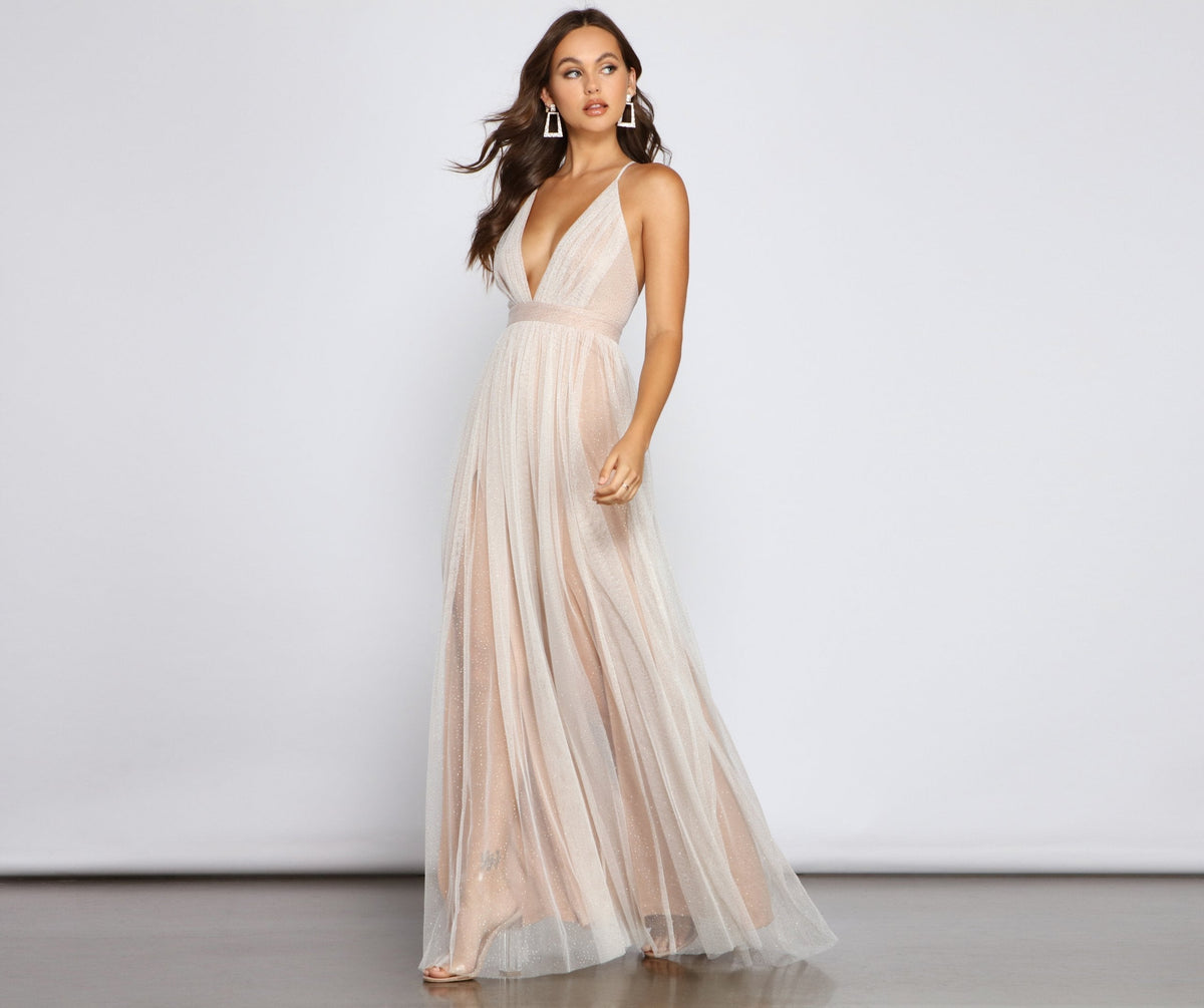 Glitter Tulle V-Neck Sleeveless A-Line Formal Maxi Gown - View 3