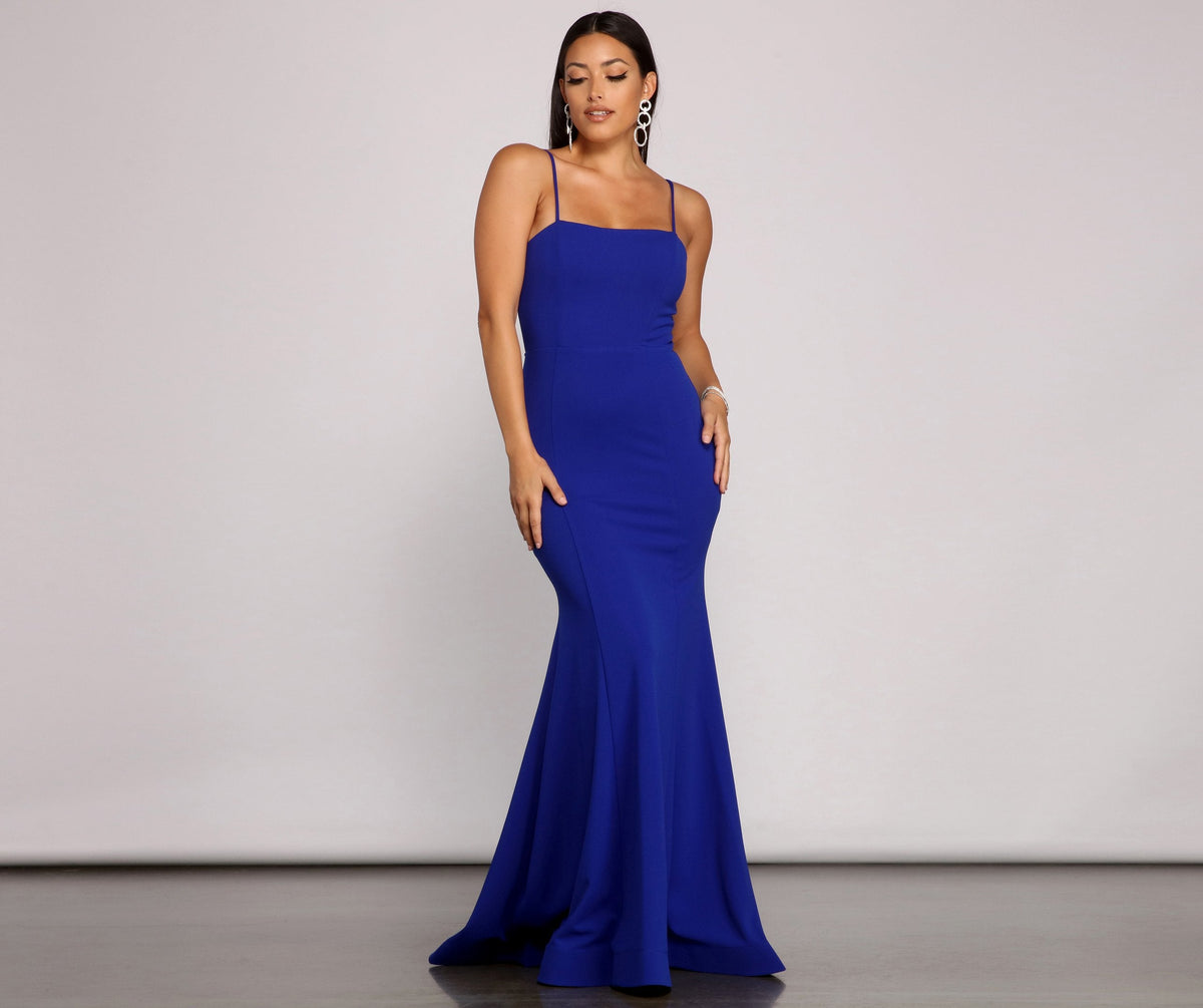 Crepe Spaghetti Strap Lace Up Back Mermaid Maxi Gown - View 2