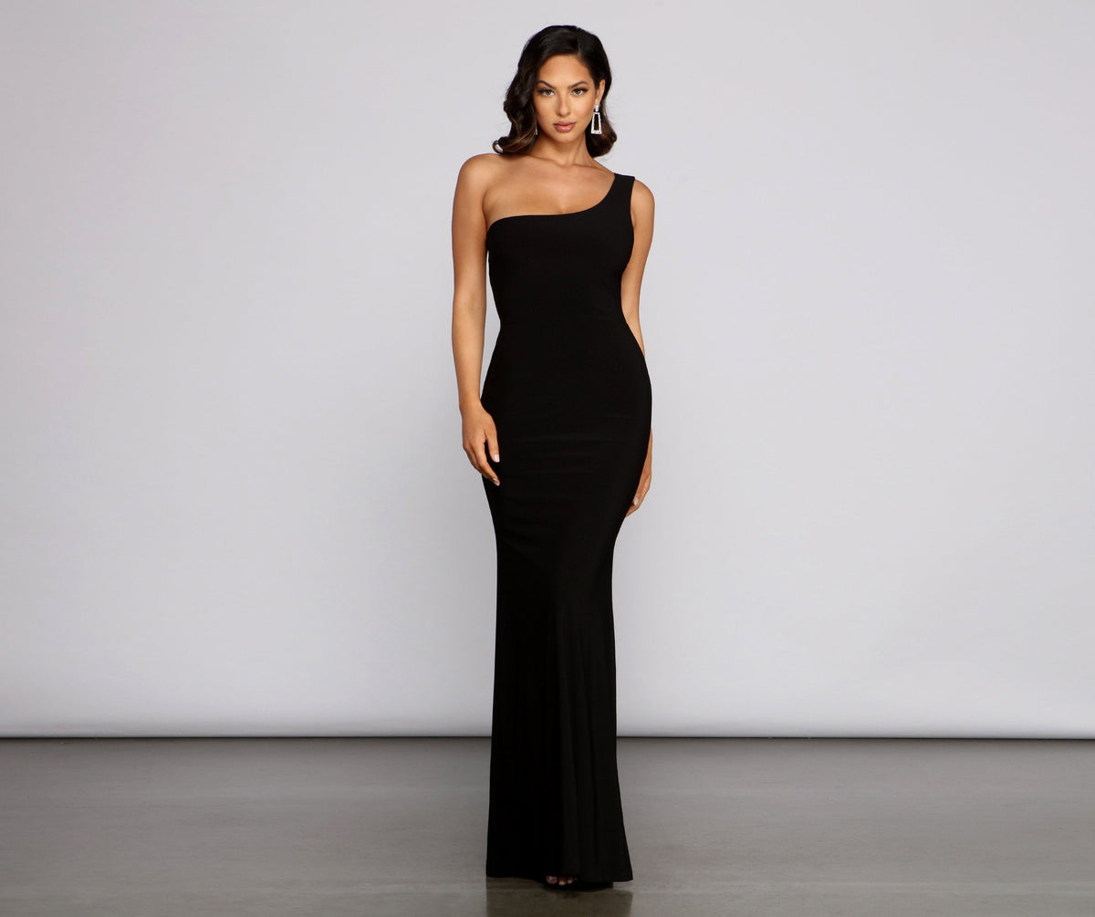 One Shoulder Open Back Crepe Mermaid Maxi Gown - View 2