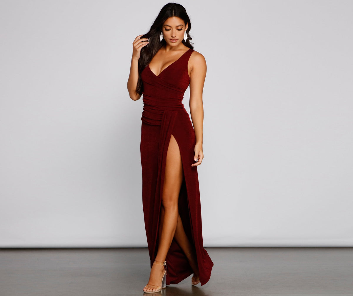 Glitter V-Neck Ruched High Split Wrap Column Maxi Dress