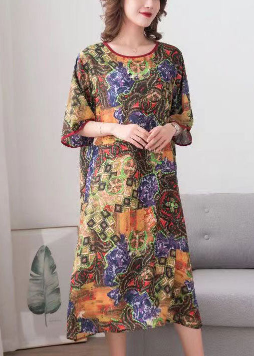 Mixed Print Crew Neck Kimono Sleeve Contrast Trim Shift Midi Dress - View 3
