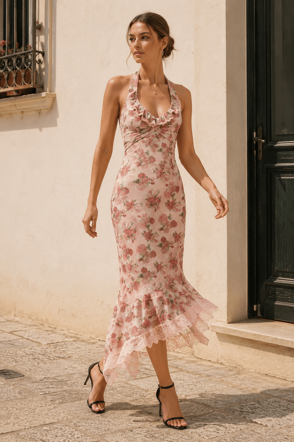 Halter-Neck Lace Floral Dress