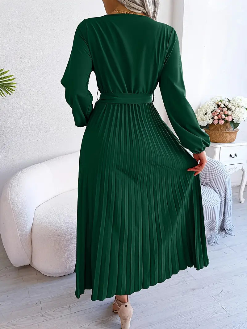 Wrap V-Neck Long Sleeve Pleated Tie Waist Maxi Dress - View 5