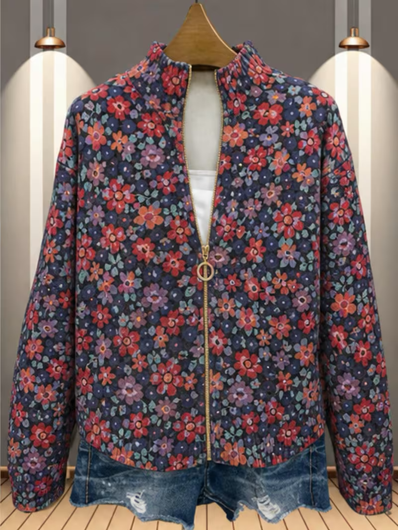 Ditsy Floral Print Stand Collar Full Zip Knit Cardigan 5