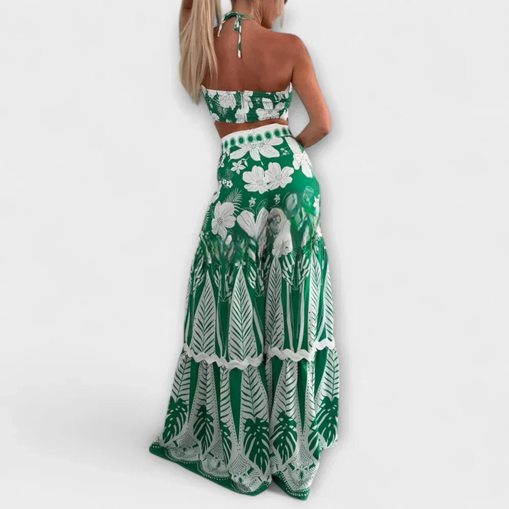 Tropical Print Halter Crop Top and Wide Leg Pants Two Piece Set 2