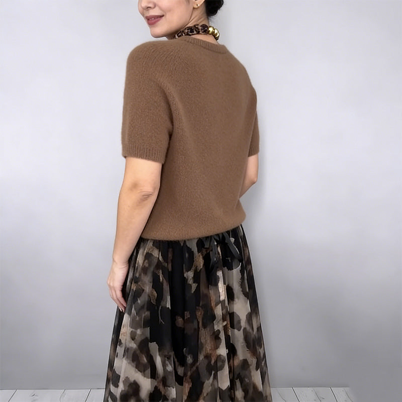 Short Sleeve Knit Top and Leopard Mesh Pleated Maxi Skirt Two Piece Set 5