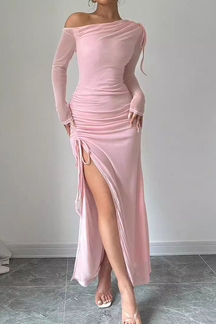 Sweet One Shoulder Mesh Long-Sleeve Slit Bodycon Dress - View 2