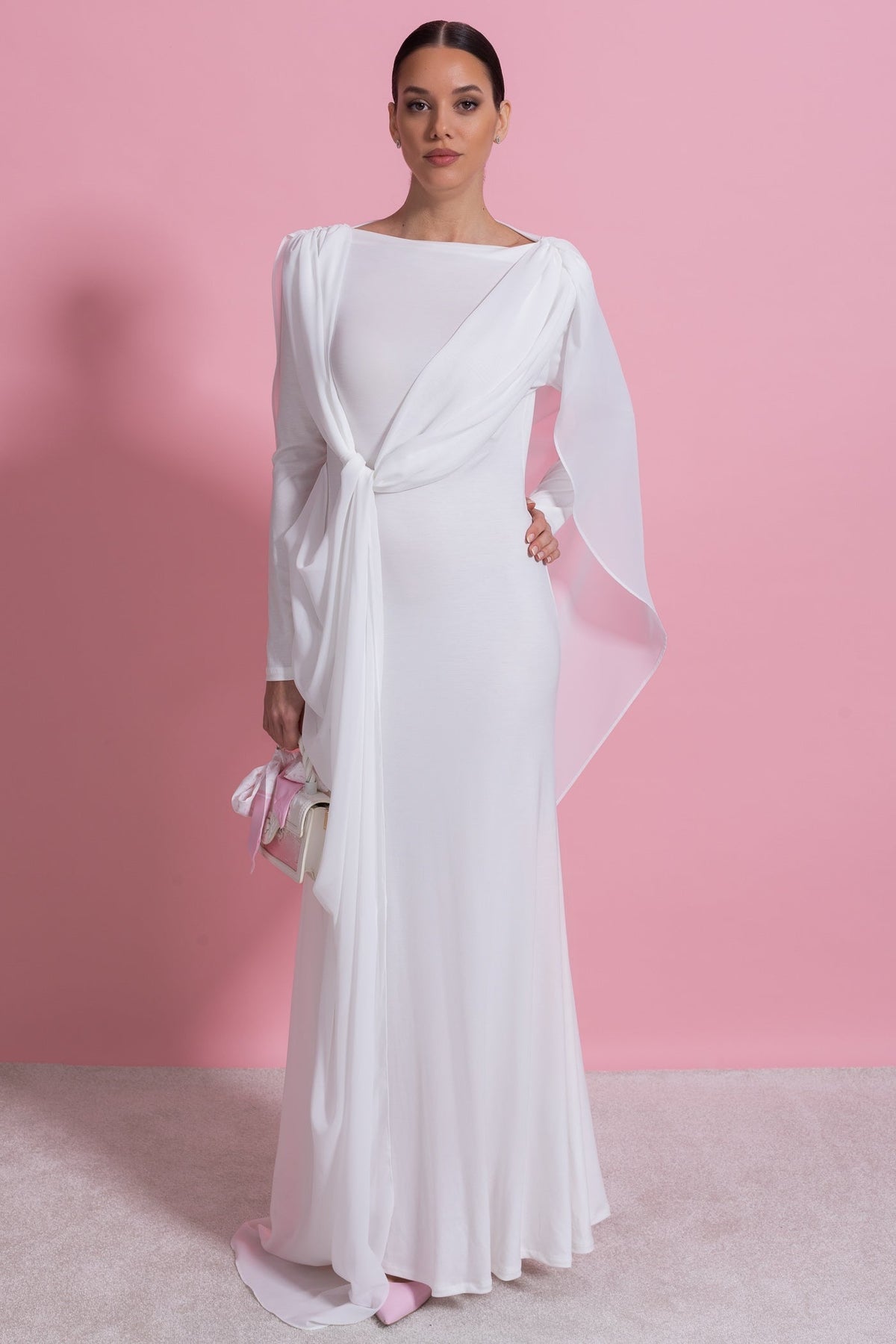 Draped Long Sleeve Maxi Dress - White - View 4