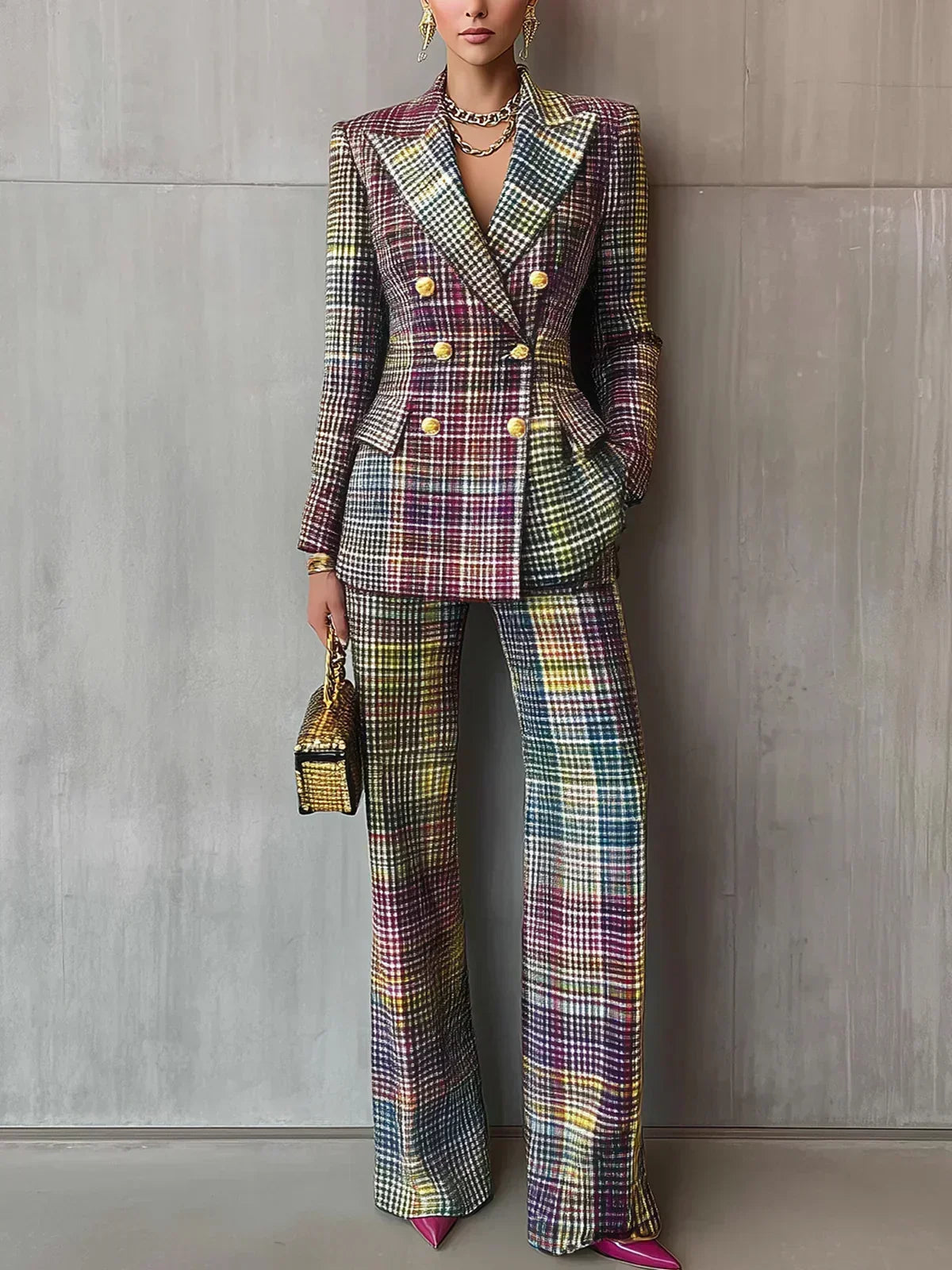 Plaid Double Breasted Blazer and Wide Leg Pants Two Piece Set 2