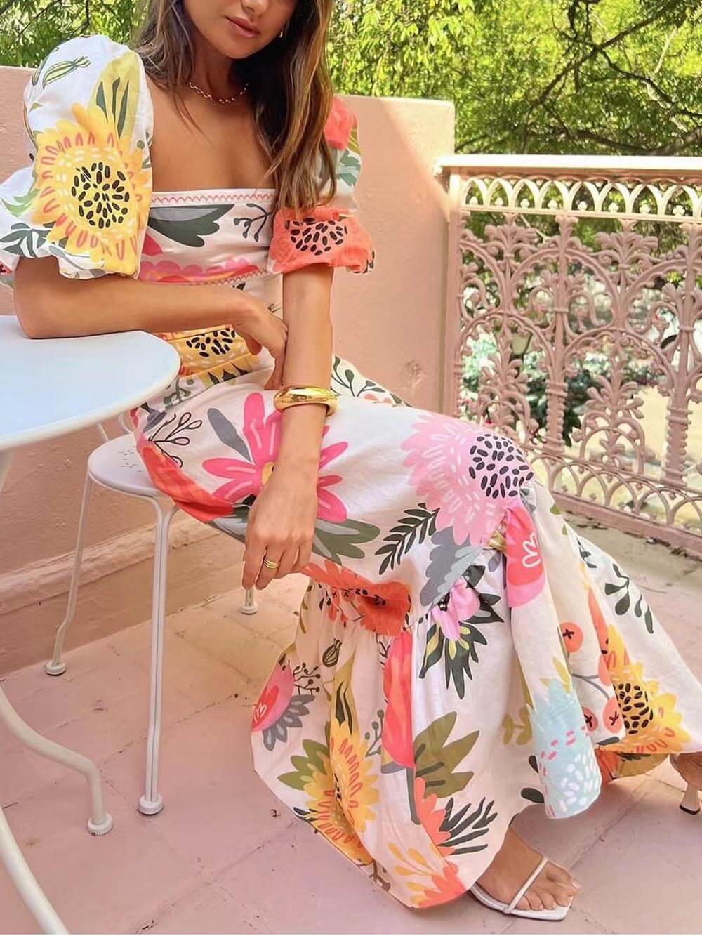 Floral Print Square Neck Puff Sleeve Tiered Ruffle Maxi Dress - View 3