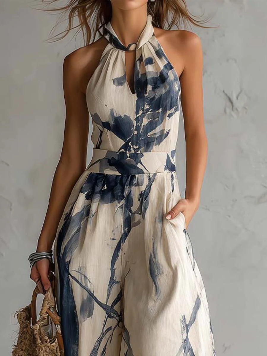 Halter Neck Ink Wash Print Wide Leg Jumpsuit 4