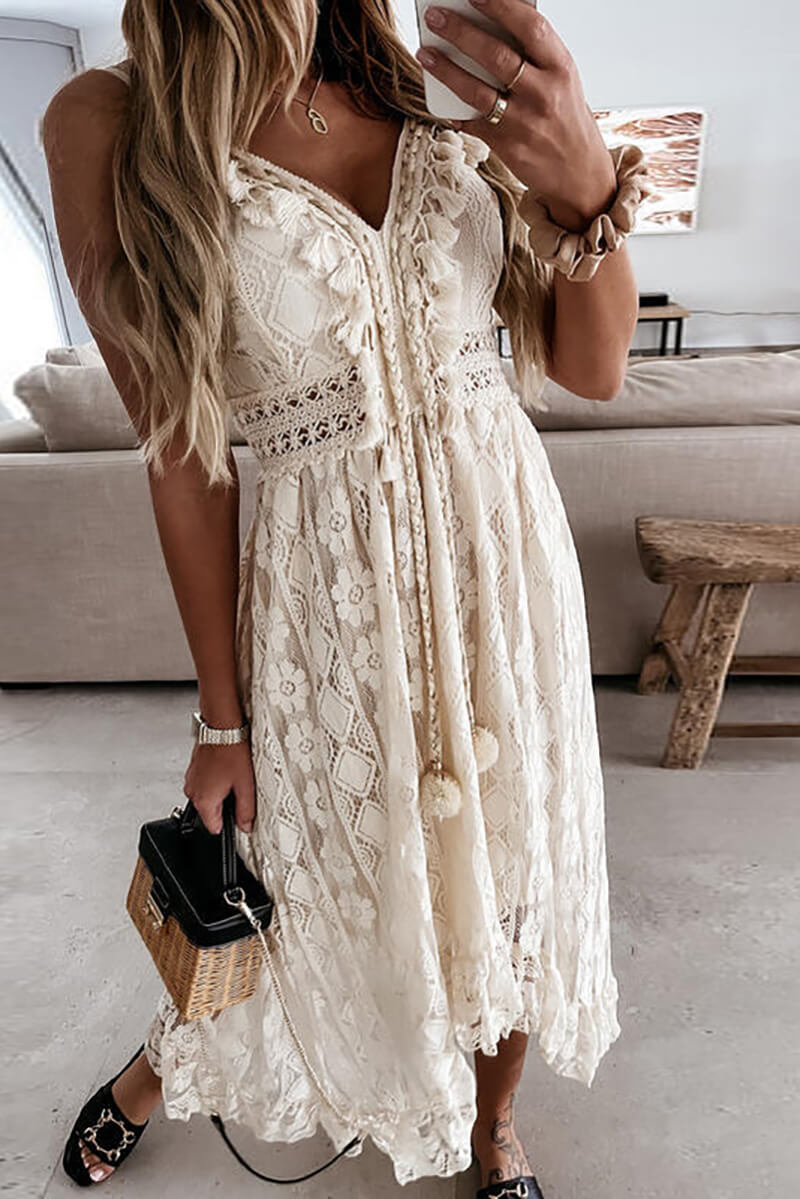 Crochet Lace V-Neck Spaghetti Strap High Low Midi Dress - View 6