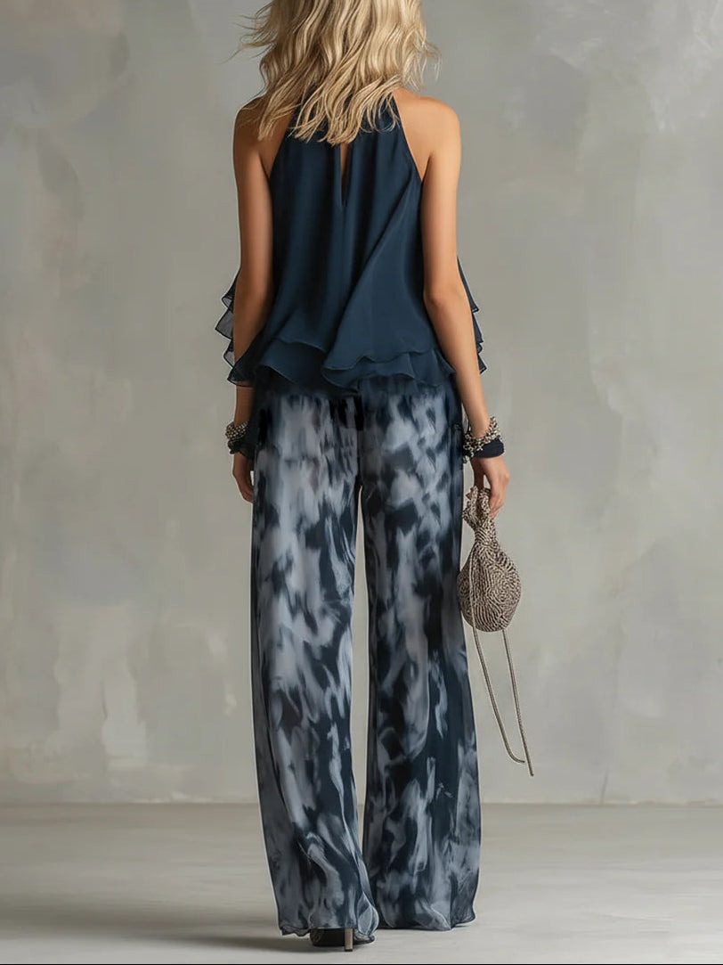 Halter Neck Ruffle Top and Tie Dye Wide Leg Pants Two Piece Set 2