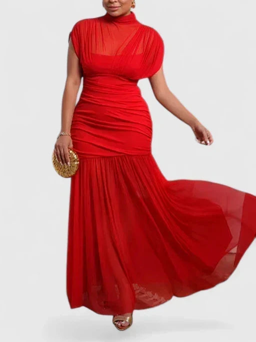 Mock Neck Cap Sleeve Ruched Mesh Maxi Gown 2