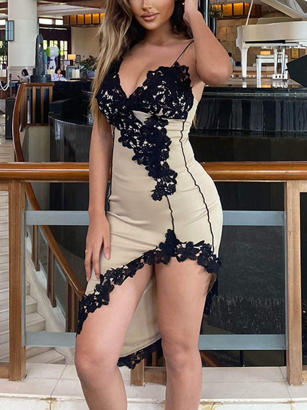 Spaghetti Strap Deep V-Neck Lace Appliqué High Split Mini Dress - View 5