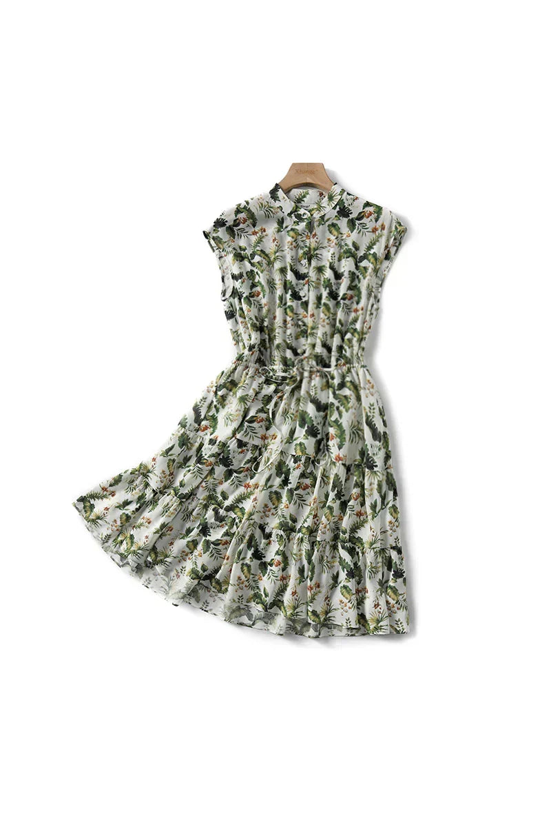 Tropical Floral Print Mandarin Collar Button Front Maxi Dress - View 2