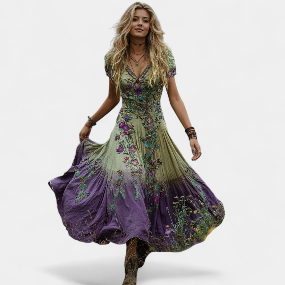 Floral Embroidered V-Neck Short Sleeve Maxi Dress