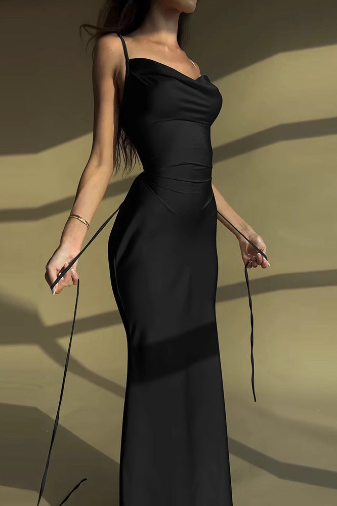 Satin Cowl Neck Spaghetti Strap Slim Maxi Prom Dress - View 9