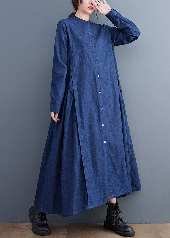 Denim Mandarin Collar Button Front Pleated Side Panel Maxi Dress - View 3