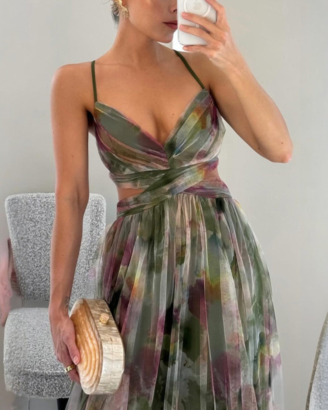 Watercolor Floral Print V-Neck Spaghetti Strap Flowy Maxi Dress 7