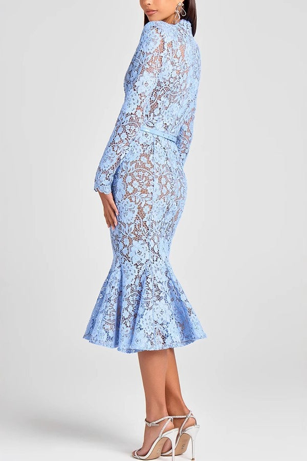 Sheer Hollow Out Belted Mermaid Lace Dress - View 5