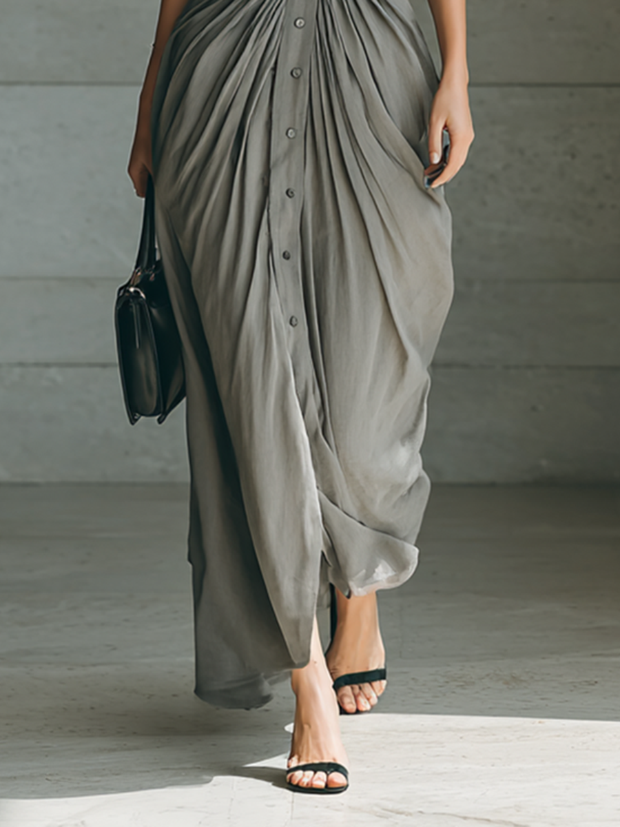 Collared Belted Ruched Long Sleeve Draped Maxi Shirt Dress 3
