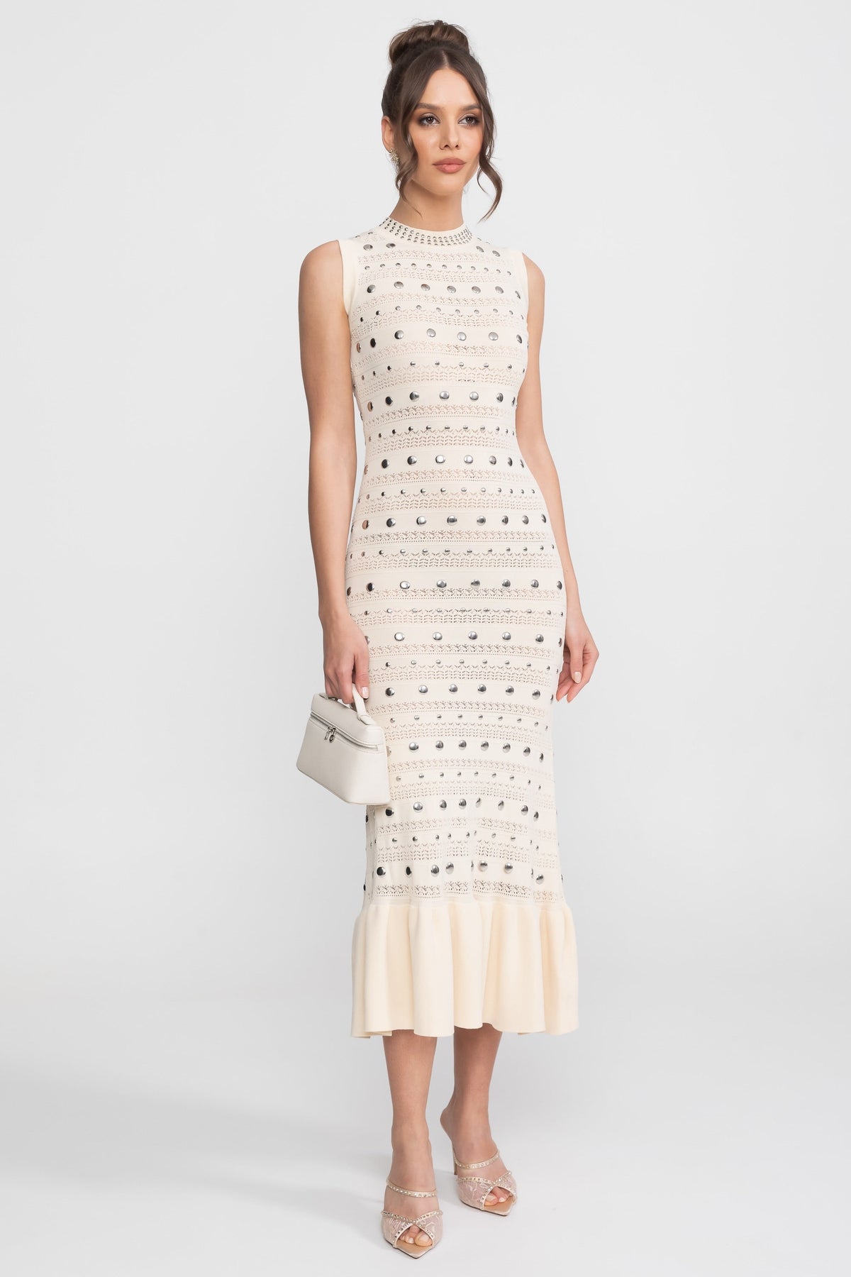 Embellished Knit Midi Dress With High Neck And Ruffle Hem - Cream - View 5
