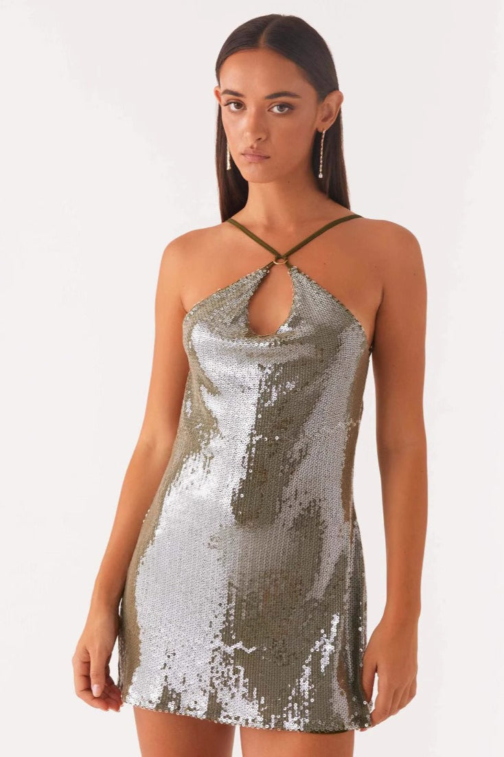 Sequin Halter Neck Backless Cowl Slip Mini Dress - View 4
