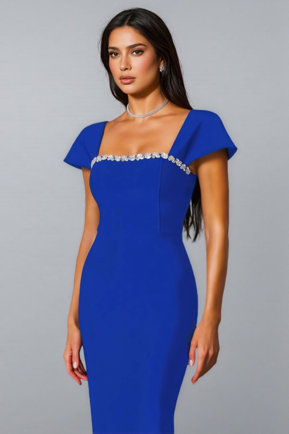 Rhinestone Trim Square Neck Flared Cap Sleeve Bandage Column Maxi Gown - View 5