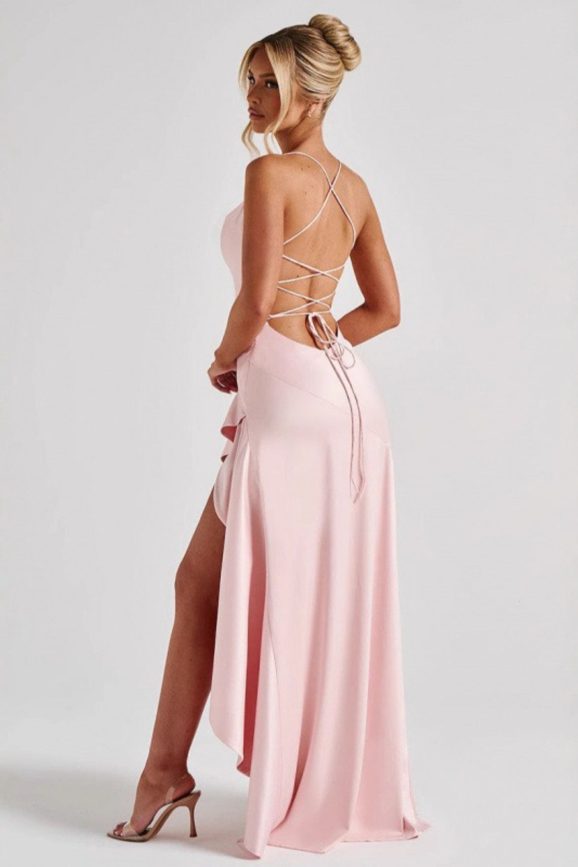 Satin Cowl Neck Spaghetti Strap Ruffle High Split Slip Maxi Dress - View 4