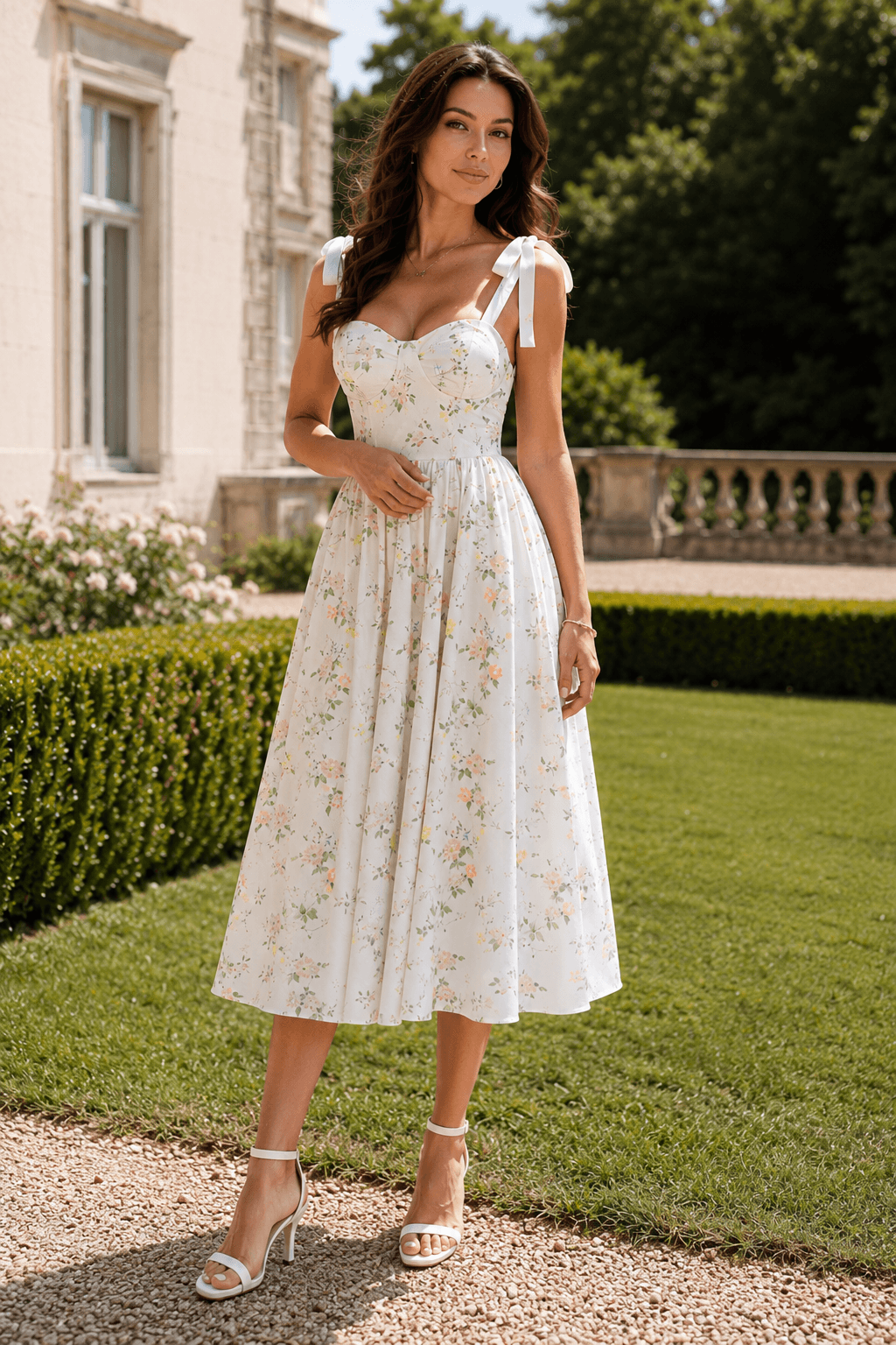 Floral Tie Strap Sweetheart Fit and Flare Midi Dress 4