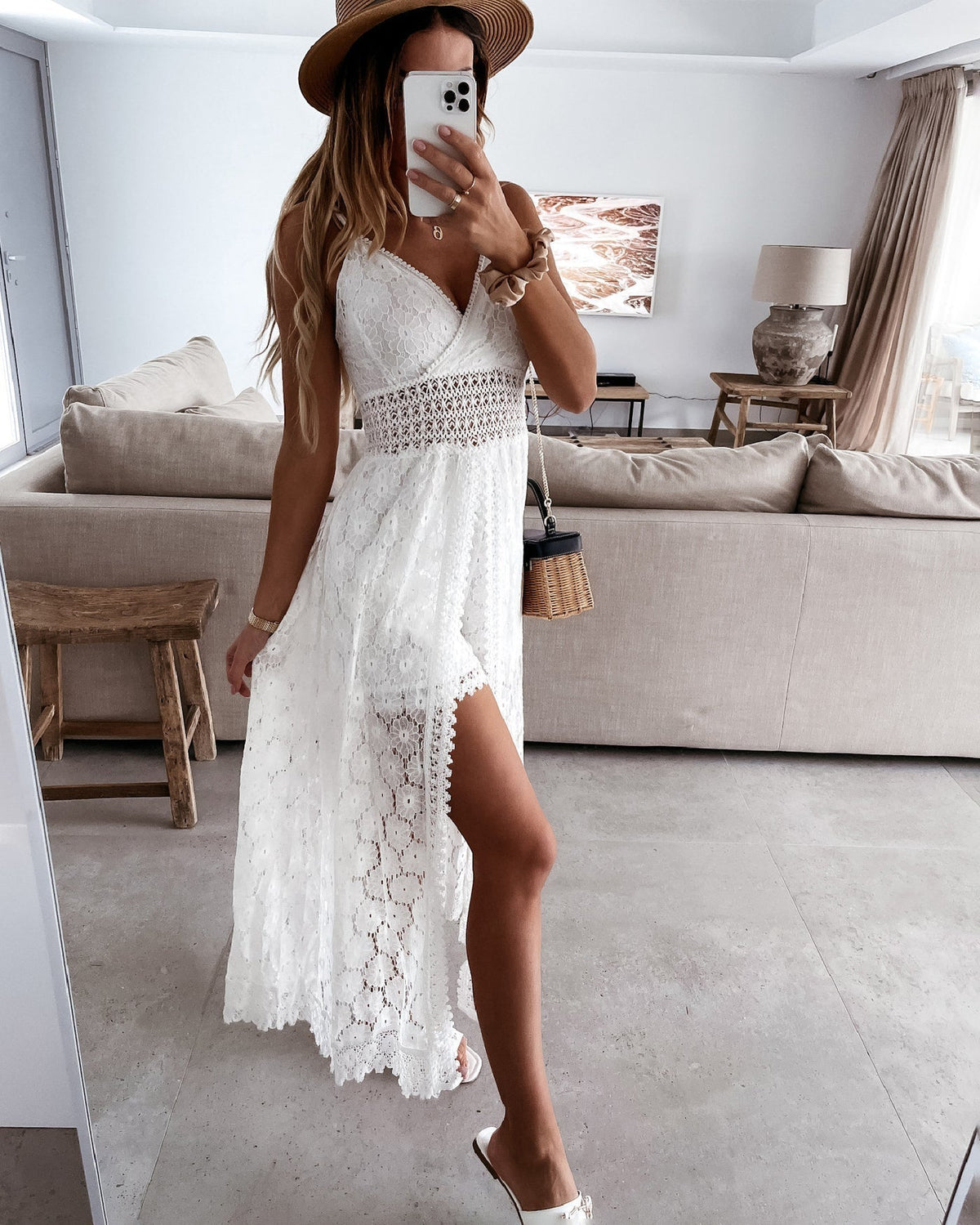 Lace Spaghetti Strap Smocked Bodice Crochet Hem Lace Trim Maxi Dress - View 2