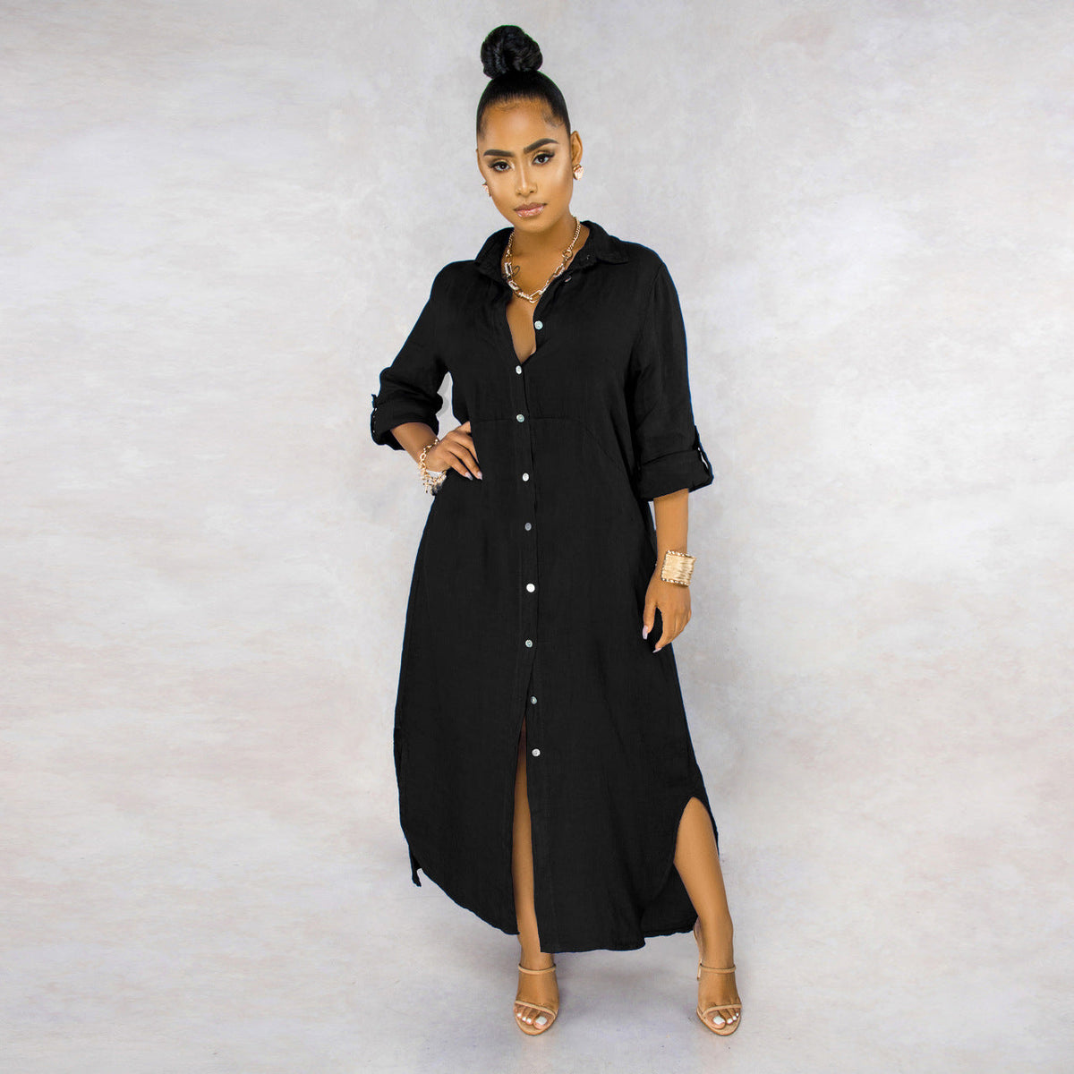 Button Down Collared Roll Tab Sleeve Box Pleat Maxi Shirt Dress - View 9