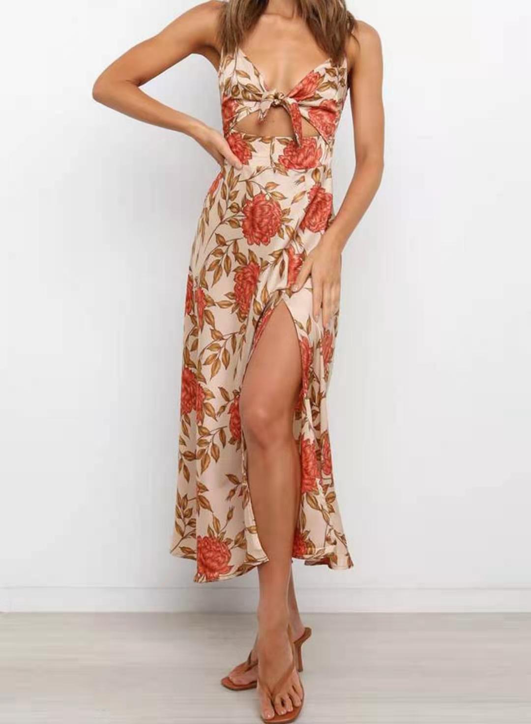 Spaghetti Strap Deep V-Neck Tie Front Cut Out High Split Midi Dress - View 6