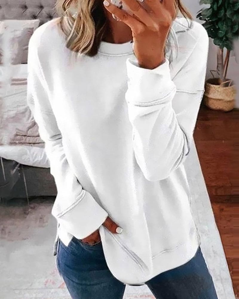 Crew Neck Long Sleeve Exposed Seam Side Split Sweatshirt 3