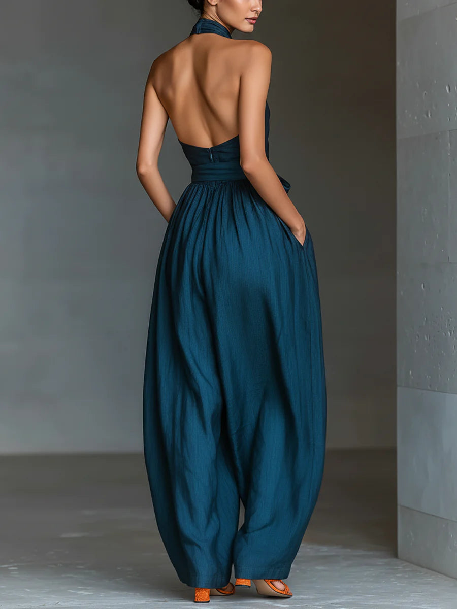 Cross Halter Neck Tie Waist Wide Leg Jumpsuit 2