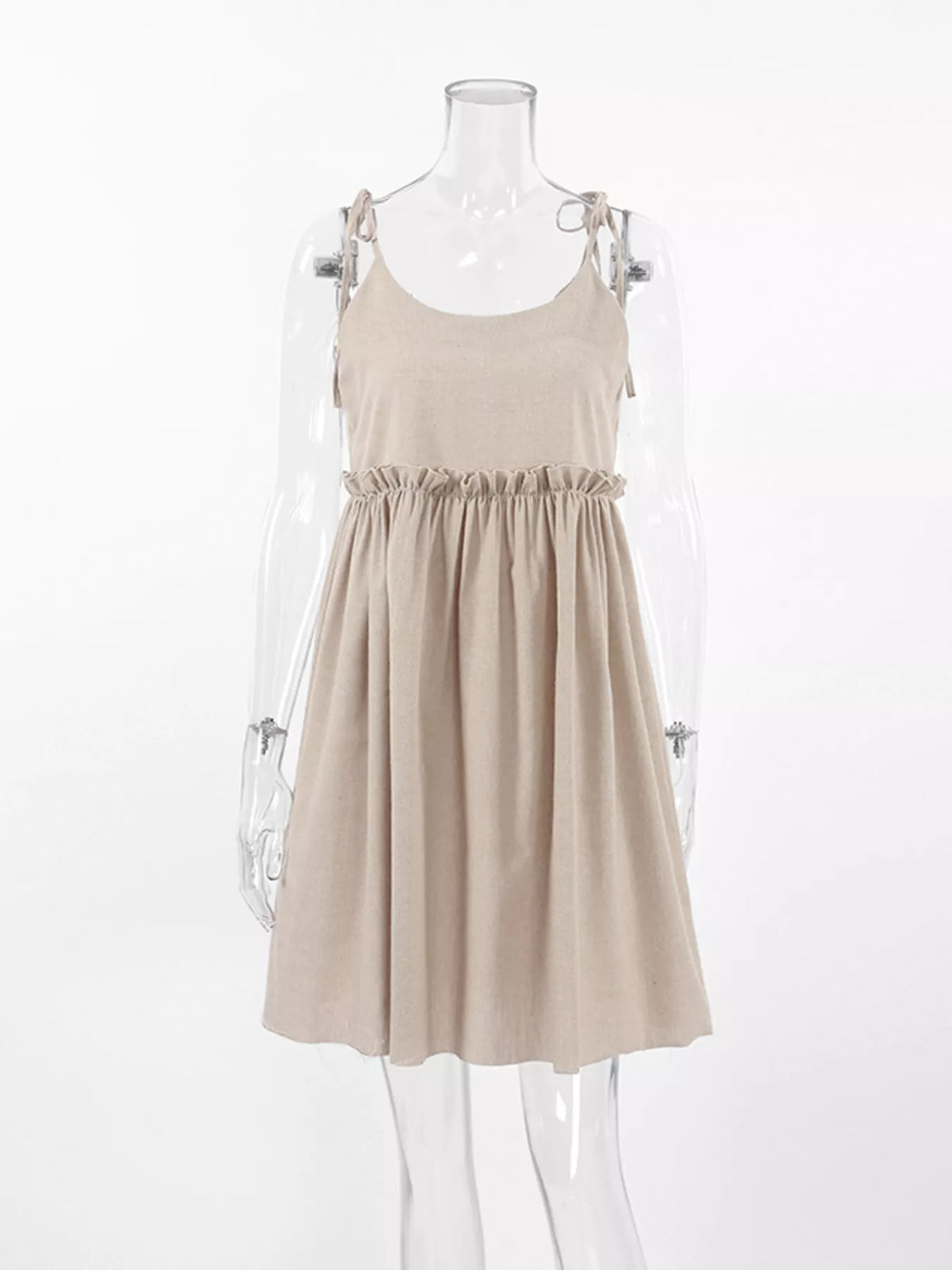 Tie Strap Scoop Neck Ruffle Waist Linen Look Mini Dress 5
