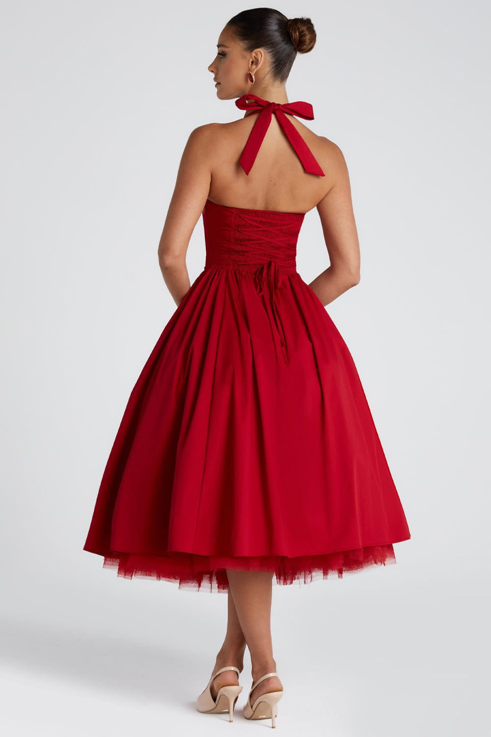 Halter Neck Basque Waist Pocket Gathered A-Line Midi Party Dress - View 12