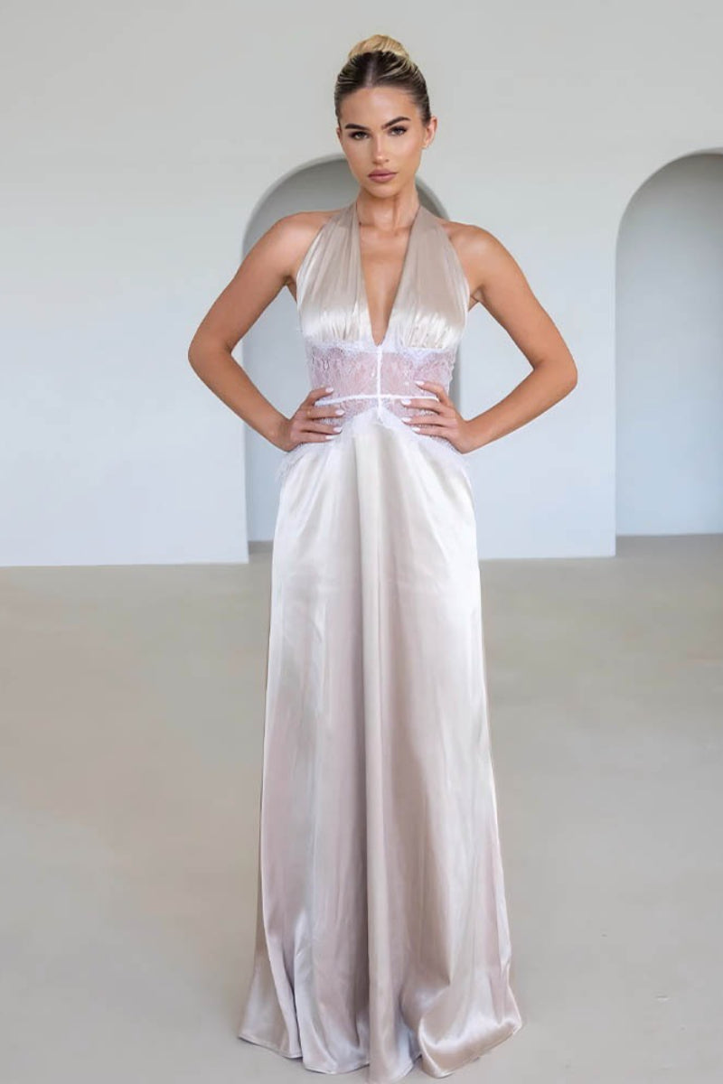 Satin Halter Neck Deep V-Neck Lace Trim Slip Maxi Dress - View 10