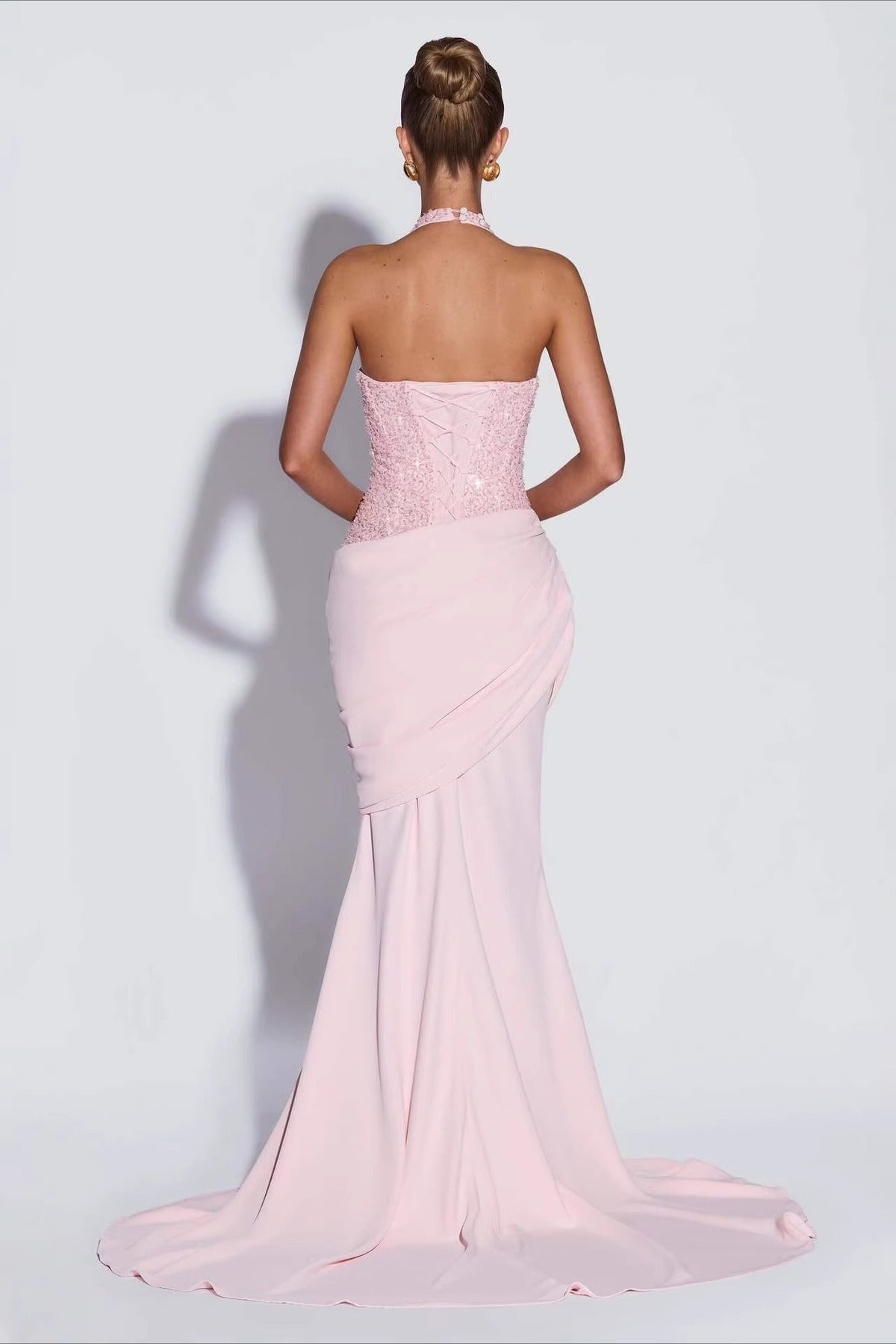 Sequin Halter Deep V-Neck Ruched Mermaid Gown - View 2