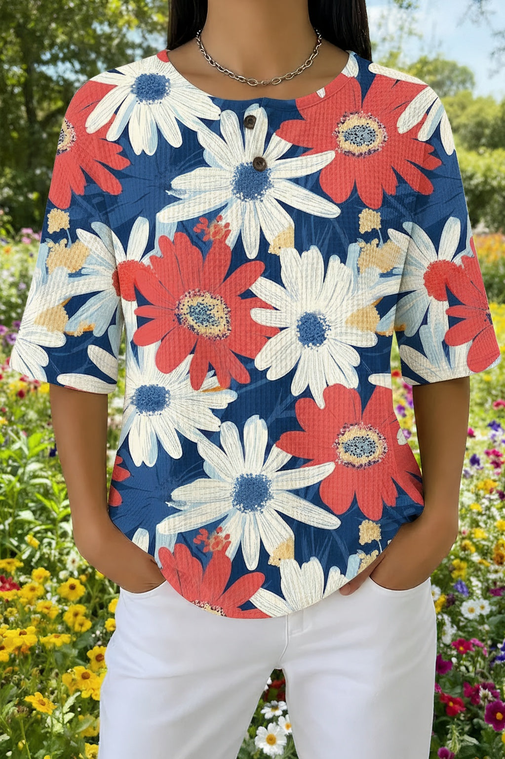 Daisy Floral Print Waffle Knit Short Sleeve Top