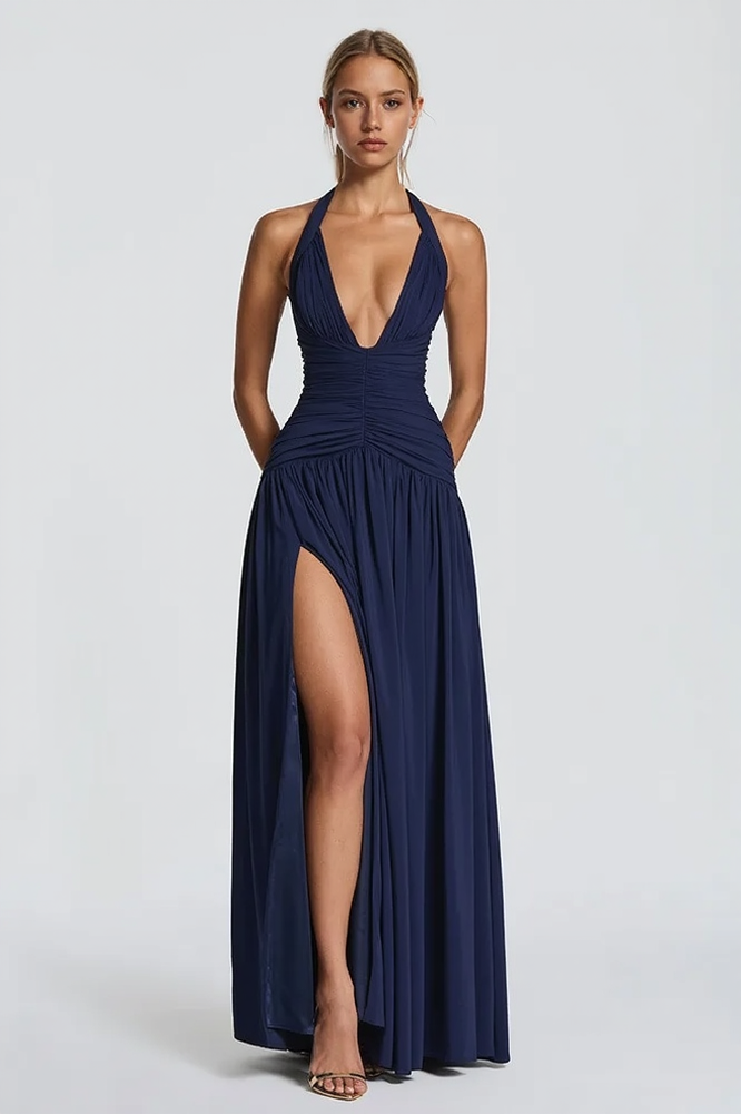 Halter Neck Deep V-Neck Ruched High Split Maxi Dress - View 3