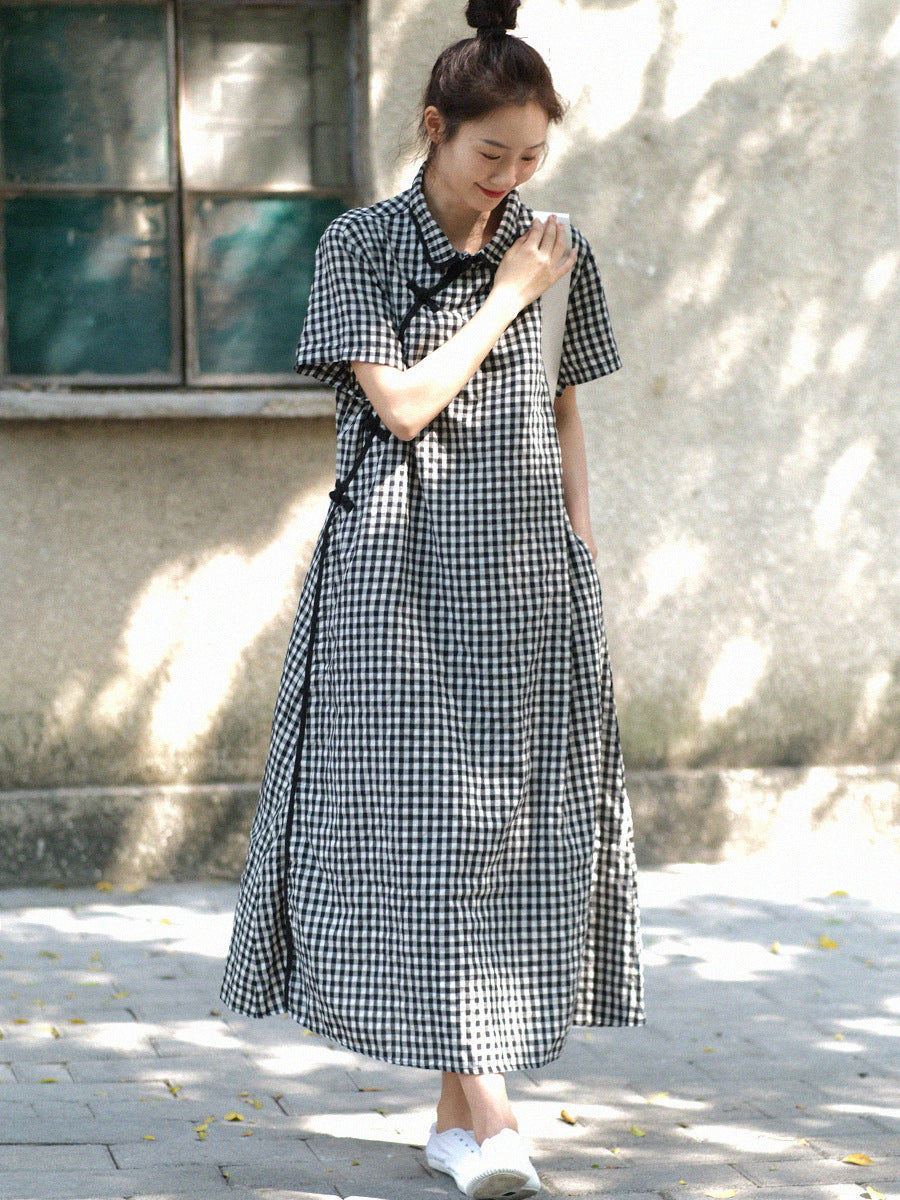 Gingham Check Mandarin Collar Frog Button Short Sleeve Maxi Dress - View 4