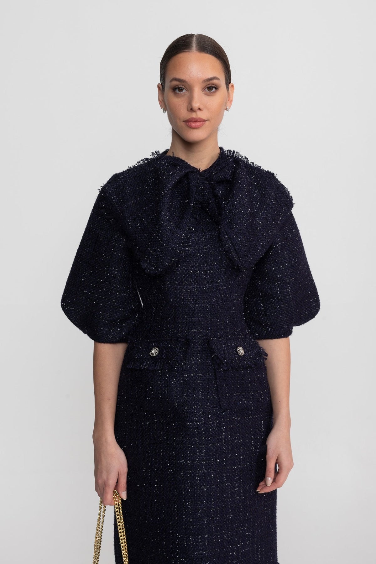 Tweed Pussy Bow Neck Puff Sleeve Pearl Button Patch Pocket Midi Dress - View 4