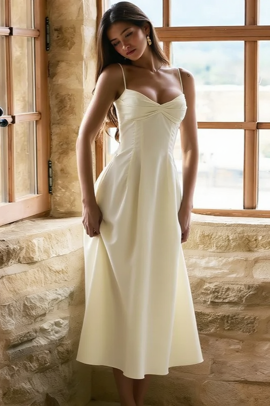 Spaghetti Strap Sweetheart Ruched A-Line Midi Party Dress - View 4
