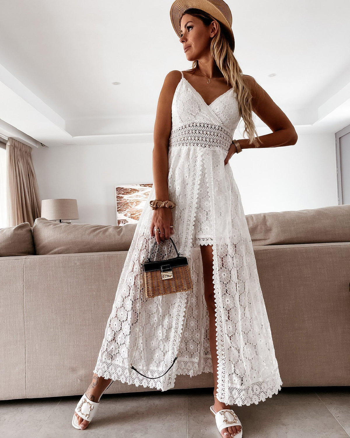 Lace Spaghetti Strap Smocked Bodice Crochet Hem Lace Trim Maxi Dress - View 4