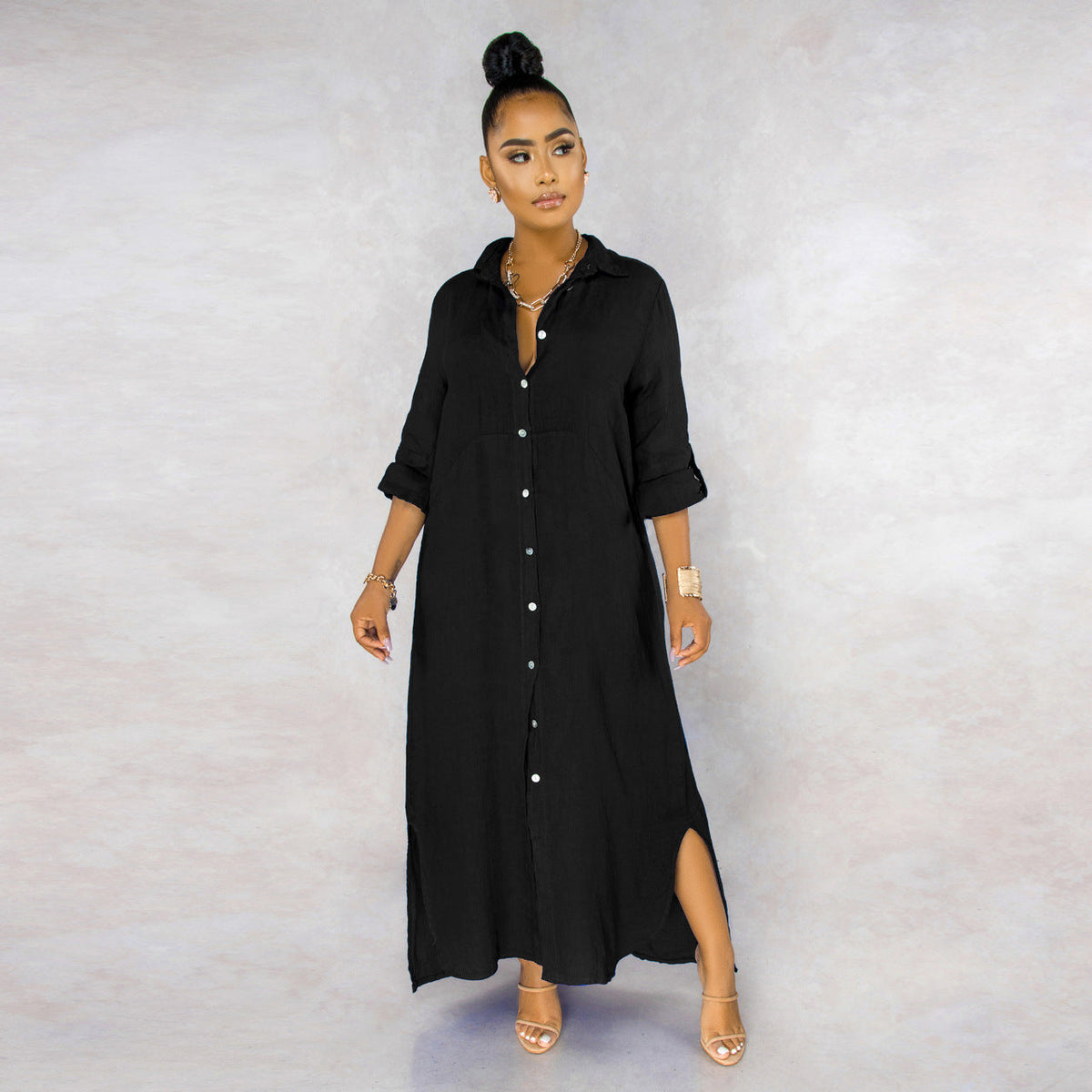 Button Down Collared Roll Tab Sleeve Box Pleat Maxi Shirt Dress - View 8