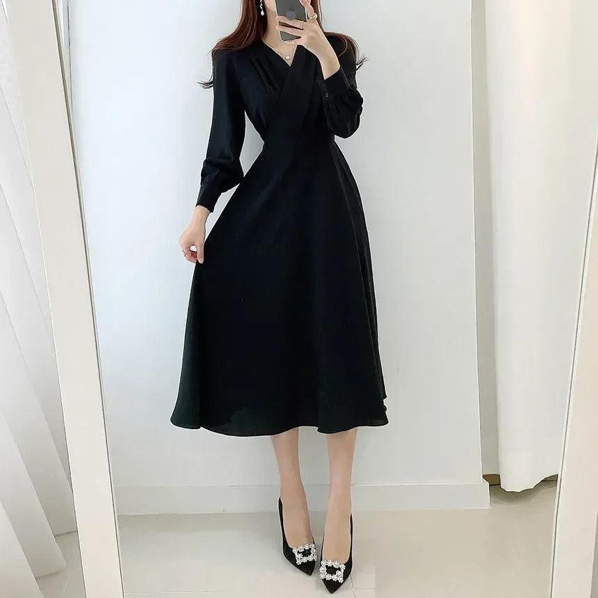 Surplice V-Neck Long Sleeve Button Cuff Waistband A-Line Midi Dress - View 5